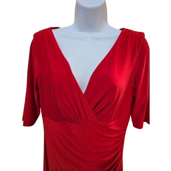 Ralph Lauren Red Ruched V-Neck Dress classic academia office wear elegant - Picture 2 of 5
